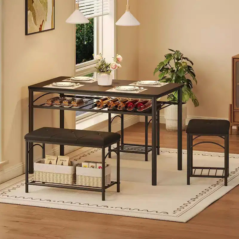 Ensemble table à manger pour 4 avec bancs rembourrés et 2 tabourets, table de petit-déjeuner de cuisine moderne peu encombrante