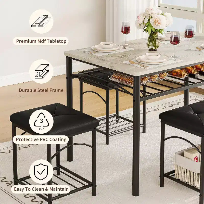 Ensemble table à manger pour 4 avec bancs rembourrés et 2 tabourets, table de petit-déjeuner de cuisine moderne peu encombrante