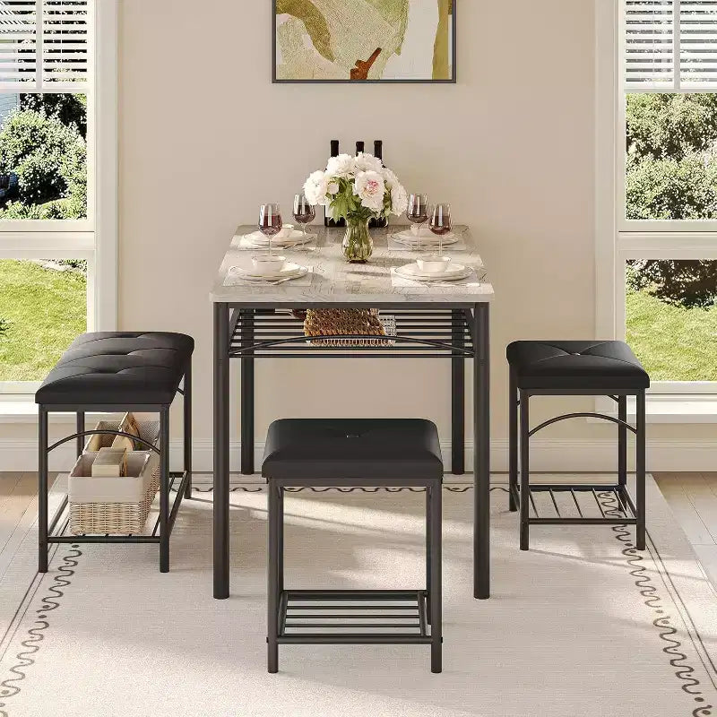Ensemble table à manger pour 4 avec bancs rembourrés et 2 tabourets, table de petit-déjeuner de cuisine moderne peu encombrante