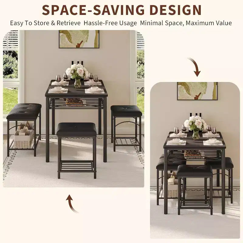 Ensemble table à manger pour 4 avec bancs rembourrés et 2 tabourets, table de petit-déjeuner de cuisine moderne peu encombrante