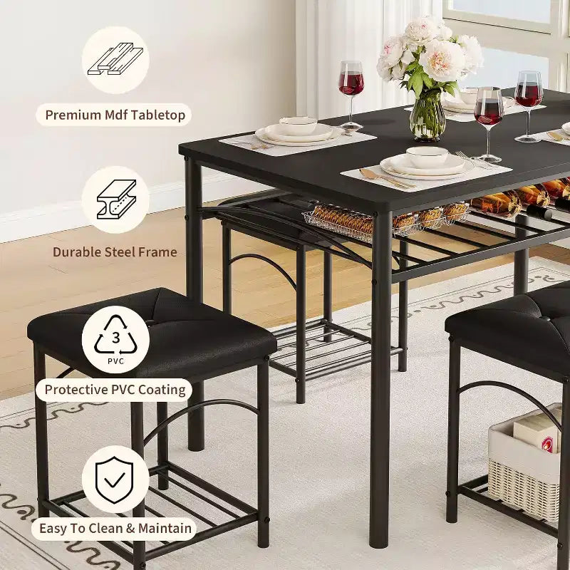 Ensemble table à manger pour 4 avec bancs rembourrés et 2 tabourets, table de petit-déjeuner de cuisine moderne peu encombrante