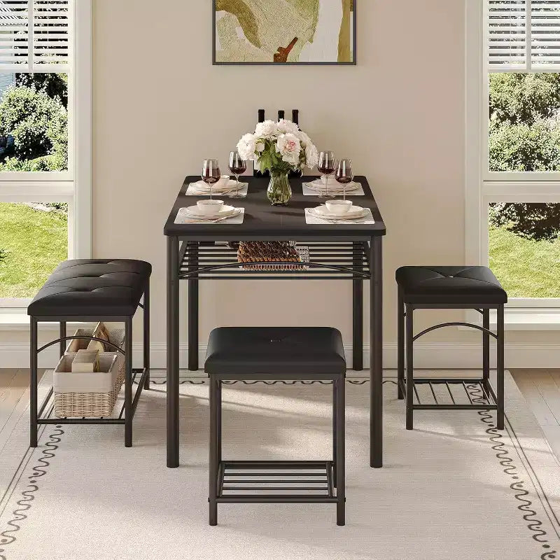 Ensemble table à manger pour 4 avec bancs rembourrés et 2 tabourets, table de petit-déjeuner de cuisine moderne peu encombrante