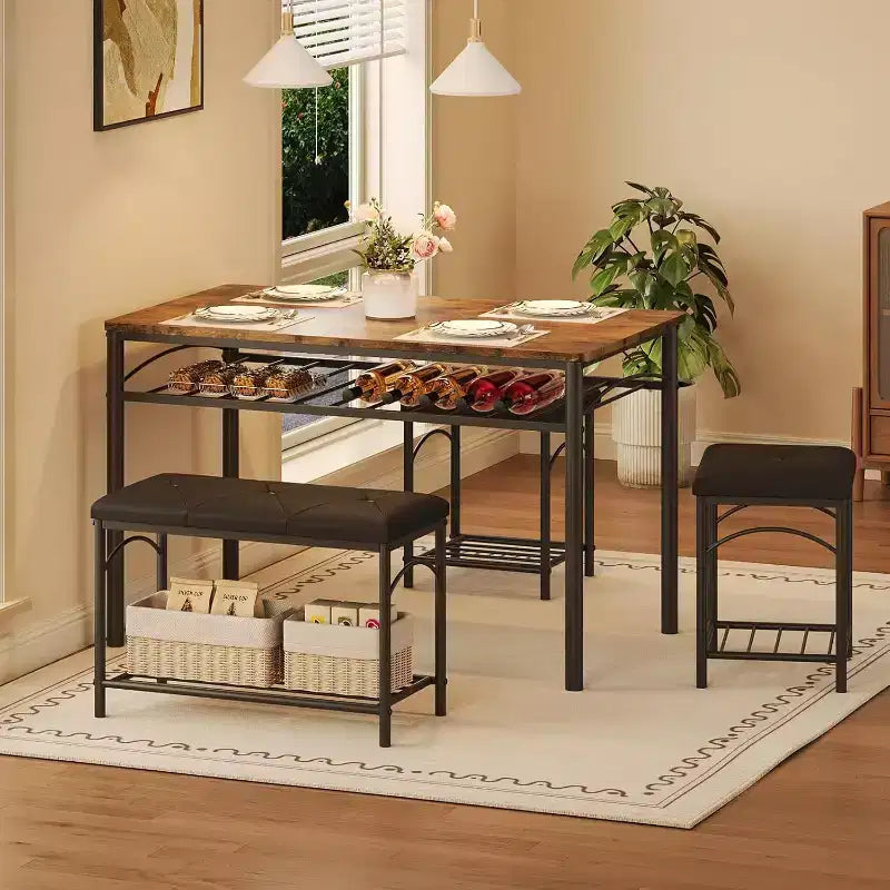 Ensemble table à manger pour 4 avec bancs rembourrés et 2 tabourets, table de petit-déjeuner de cuisine moderne peu encombrante