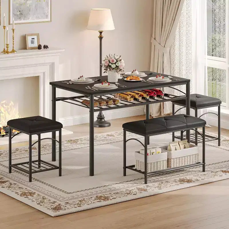 Dining Table Set for 4 with Upholstered Benches and 2 Stools, Modern Space Saving Kitchen Breakfast Table