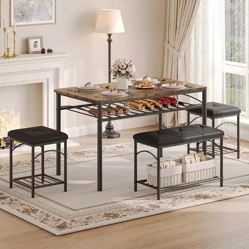 Ensemble table à manger pour 4 avec bancs rembourrés et 2 tabourets, table de petit-déjeuner de cuisine moderne peu encombrante
