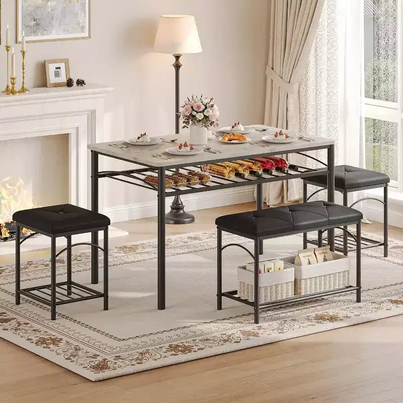 Ensemble table à manger pour 4 avec bancs rembourrés et 2 tabourets, table de petit-déjeuner de cuisine moderne peu encombrante