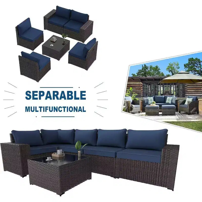 ALAULM Ensemble de 6 meubles de patio d'extérieur en rotin tressé PE, canapé modulable, salon de conversation de patio