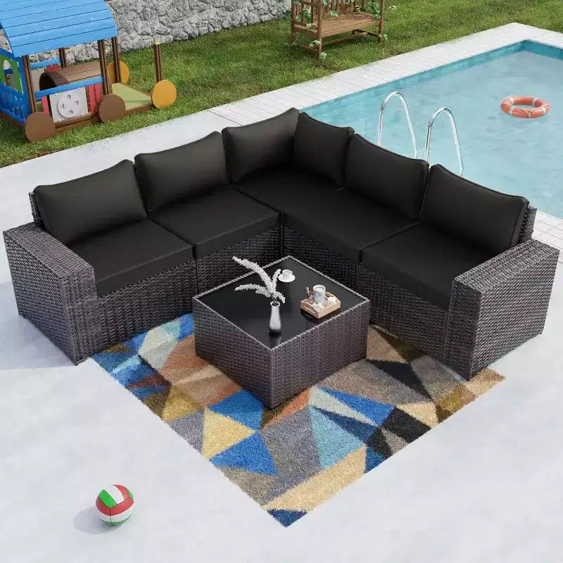 ALAULM 6PCS Outdoor Patio Furniture Set PE Wicker Rattan Sectional Sofa Patio Conversation Sets