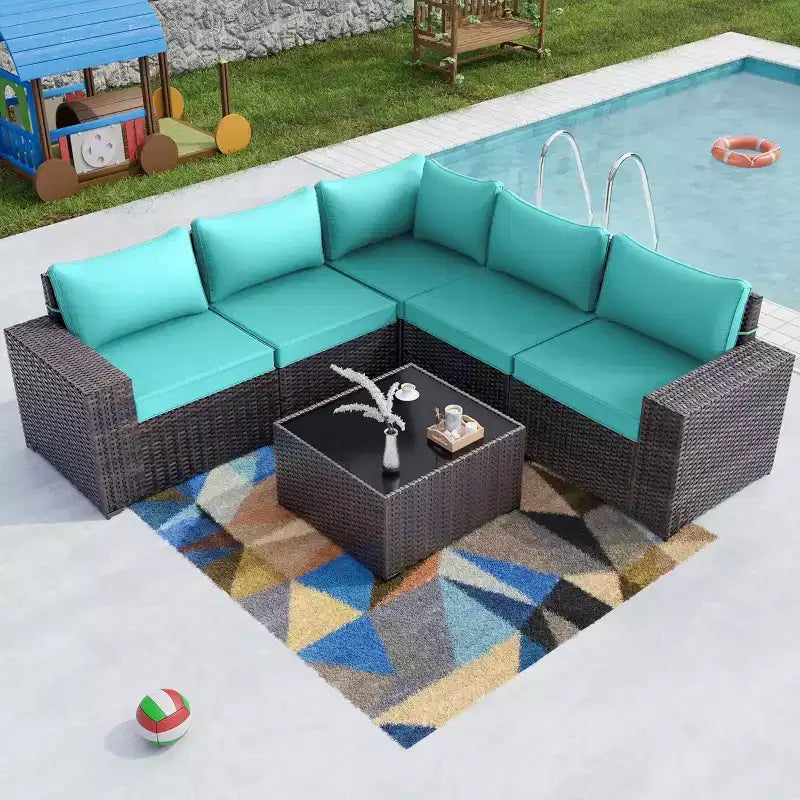 ALAULM Ensemble de 6 meubles de patio d'extérieur en rotin tressé PE, canapé modulable, salon de conversation de patio