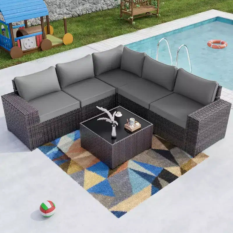 ALAULM Ensemble de 6 meubles de patio d'extérieur en rotin tressé PE, canapé modulable, salon de conversation de patio