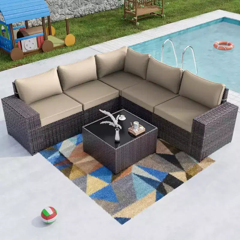 ALAULM Ensemble de 6 meubles de patio d'extérieur en rotin tressé PE, canapé modulable, salon de conversation de patio