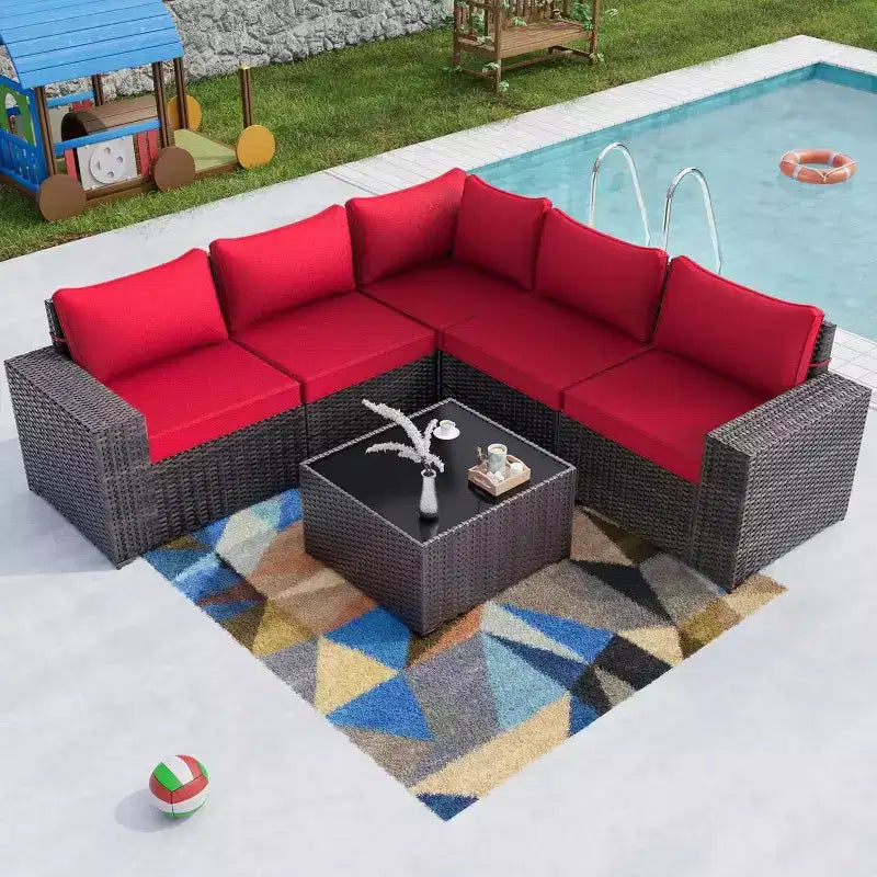 ALAULM Ensemble de 6 meubles de patio d'extérieur en rotin tressé PE, canapé modulable, salon de conversation de patio