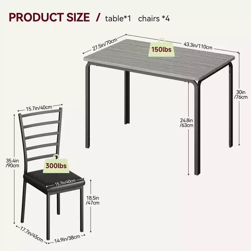 COZONY Ensemble Table et Chaises de Cuisine 5 Pièces pour 4 Personnes, Ensemble de Table à Manger Rectangulaire avec 4 Chaises Rembourrées, Ensemble Dînette Gain de Place
