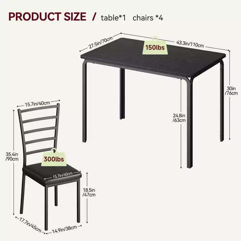 COZONY Ensemble Table et Chaises de Cuisine 5 Pièces pour 4 Personnes, Ensemble de Table à Manger Rectangulaire avec 4 Chaises Rembourrées, Ensemble Dînette Gain de Place