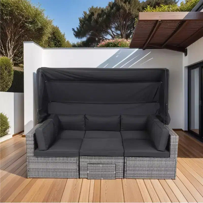 Canapé sectionnel d'extérieur moderne 7 pièces GDFStudio Solio en fer et rotin PE avec auvent rétractable et coussins lavables