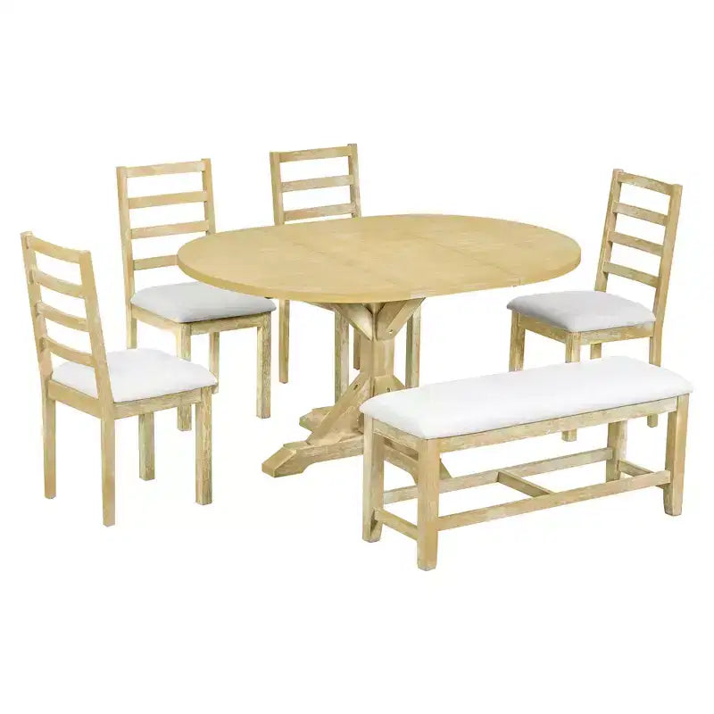 Ensemble de salle à manger GDFStudio Zayd 6 pièces avec table à pied central extensible, chaises à dossier échelle et banc