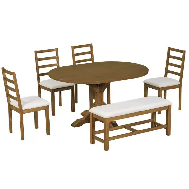 Ensemble de salle à manger GDFStudio Zayd 6 pièces avec table à pied central extensible, chaises à dossier échelle et banc