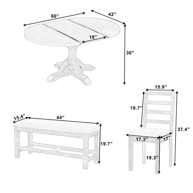 Ensemble de salle à manger GDFStudio Zayd 6 pièces avec table à pied central extensible, chaises à dossier échelle et banc