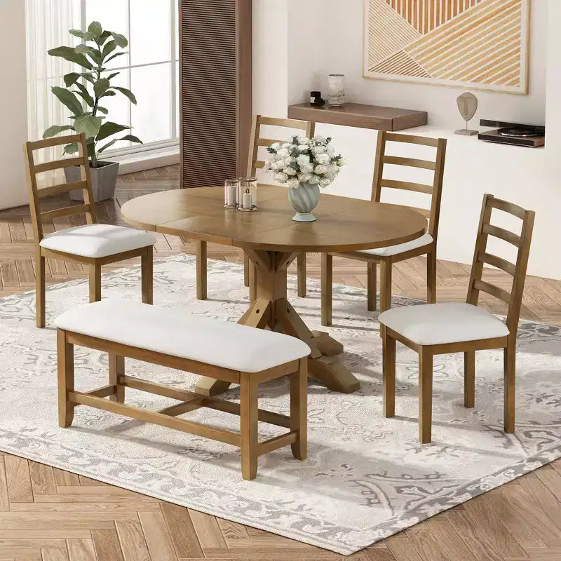 GDFStudio Zayd 6 Piece Dining Set with Extendable Pedestal Table, Ladder Back Chairs and Bench