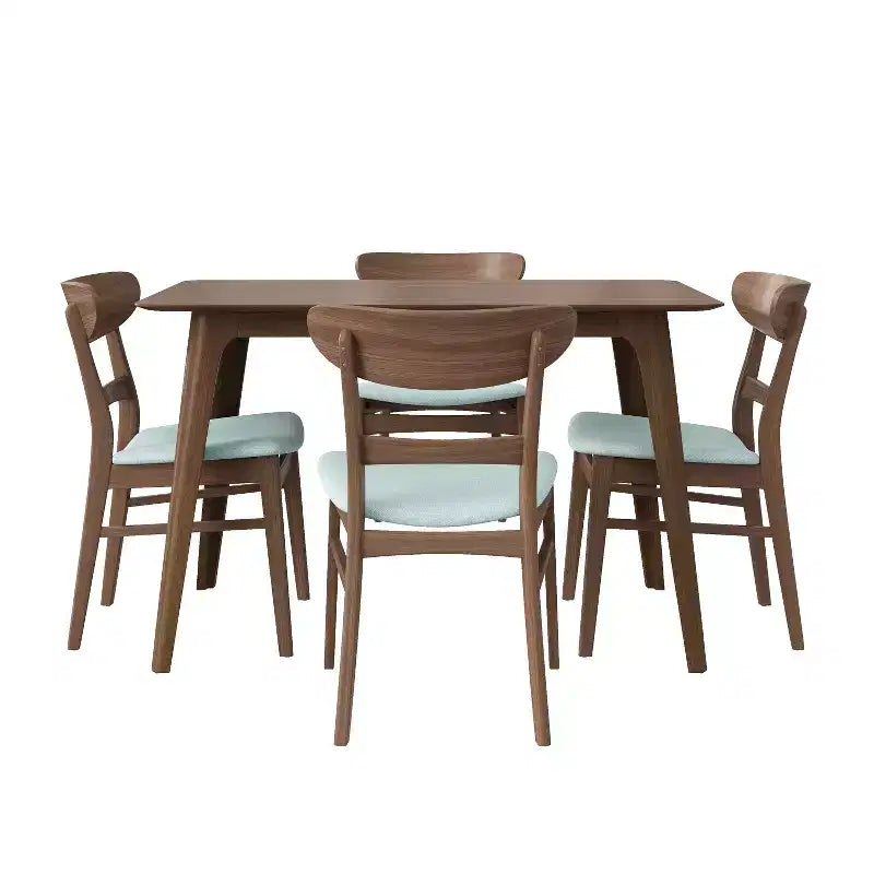 Ensemble de salle à manger compact pour 4 personnes, 5 pièces, table rectangulaire en bois massif avec 4 chaises rembourrées pour cuisine, vert menthe, noyer