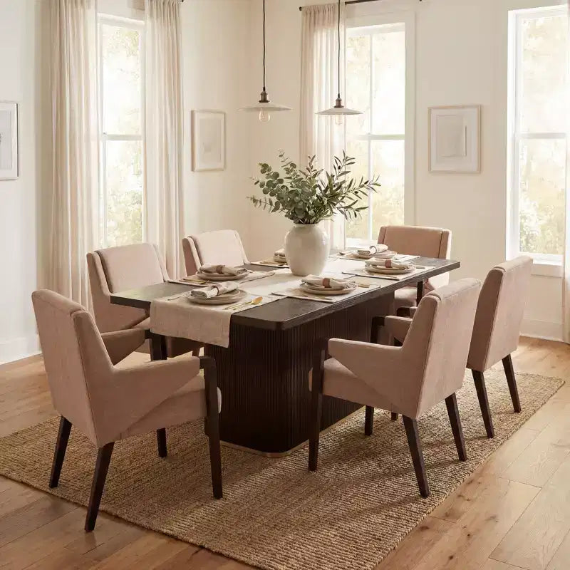 Christopher Knight Home Lindiwe – Ensemble de salle à manger moderne 7 pièces en bois d'hévéa avec table rectangulaire et revêtement en lin