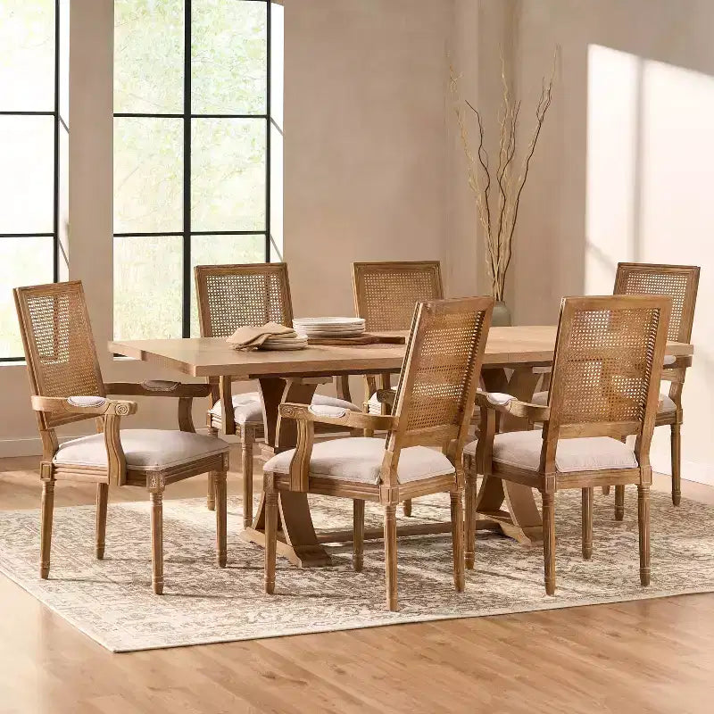 Ensemble de salle à manger extensible 7 pièces en bois et rotin Maria style campagnard français, couleur naturelle/beige - Christopher Knight Home