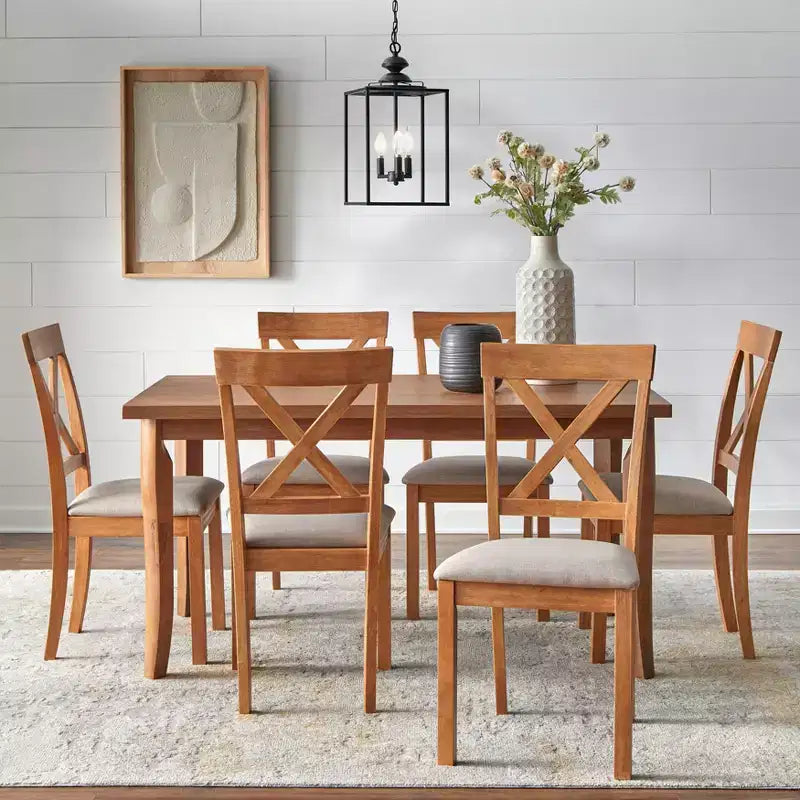 Salle à manger rectangulaire moderne 7 pièces Buylateral Fairmont style rustique contemporain, couleur bois flotté/beige