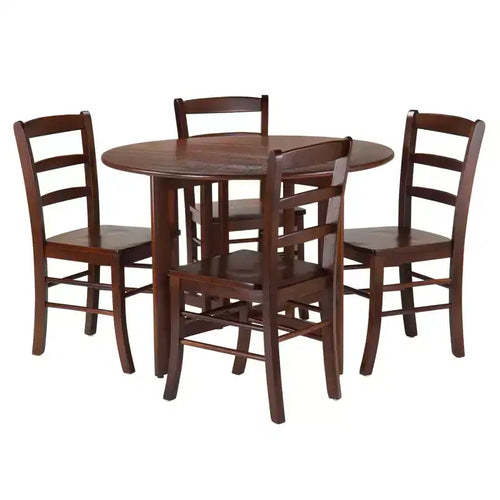5pc Alamo Drop Leaf Dining Set with Ladder Back Chairs Wood/Walnut- Winsome: Round Table, 4-Point Leg Base