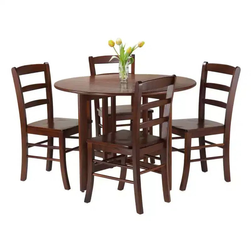 Ensemble de salle à manger 5 pièces Alamo avec plateau à rabats et chaises à dossier ajouré bois/noyer - Winsome : Table ronde, piètement à 4 pieds