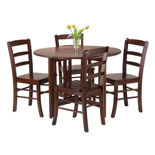Ensemble de salle à manger 5 pièces Alamo avec plateau à rabats et chaises à dossier ajouré bois/noyer - Winsome : Table ronde, piètement à 4 pieds
