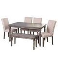 Buylateral 6pc Burntwood Parson Dining Set with Bench Weathered Gray: Rubberwood, Upholstered Chairs