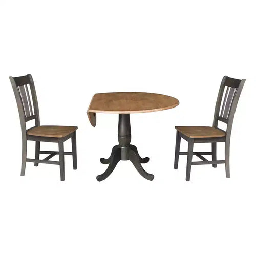 Table à manger ronde à deux rallonges Jordan de 106,7 cm, 3 pièces, avec 2 chaises à dossier ajouré coloris Hickory/Washed Coal - International Concepts