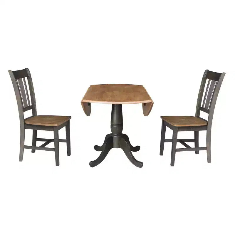 Table à manger ronde à deux rallonges Jordan de 106,7 cm, 3 pièces, avec 2 chaises à dossier ajouré coloris Hickory/Washed Coal - International Concepts