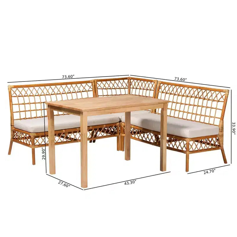 bali & pari Ensemble de salle à manger 4 pièces Aina en rotin Blanc/Miel clair/Chêne marron : Style bohème, Siège rembourré, Cadre en bois d'hévéa