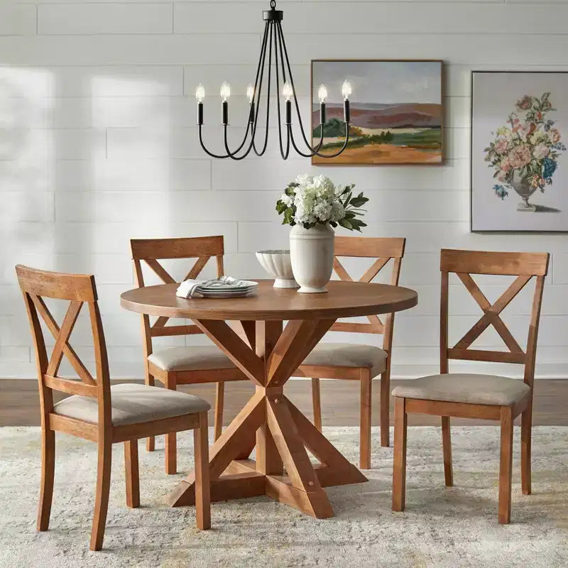 Ensemble de salle à manger rond 5 pièces Buylateral Crenshaw avec chaises à coussin en lin Driftwood : Bois d'hévéa massif, chaises à coussin en lin