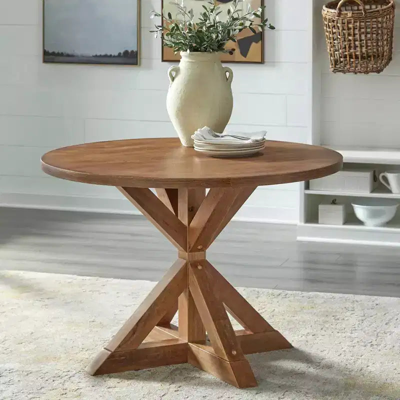 Ensemble de salle à manger rond 5 pièces Buylateral Crenshaw avec chaises à coussin en lin Driftwood : Bois d'hévéa massif, chaises à coussin en lin