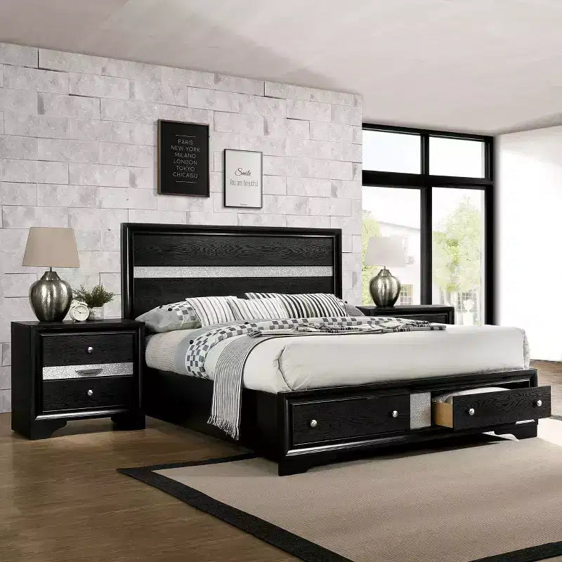 Ensemble de chambre de luxe moderne miBasics, lit double 2 pièces avec table de chevet noire, tiroir intégré, quincaillerie anti-basculement