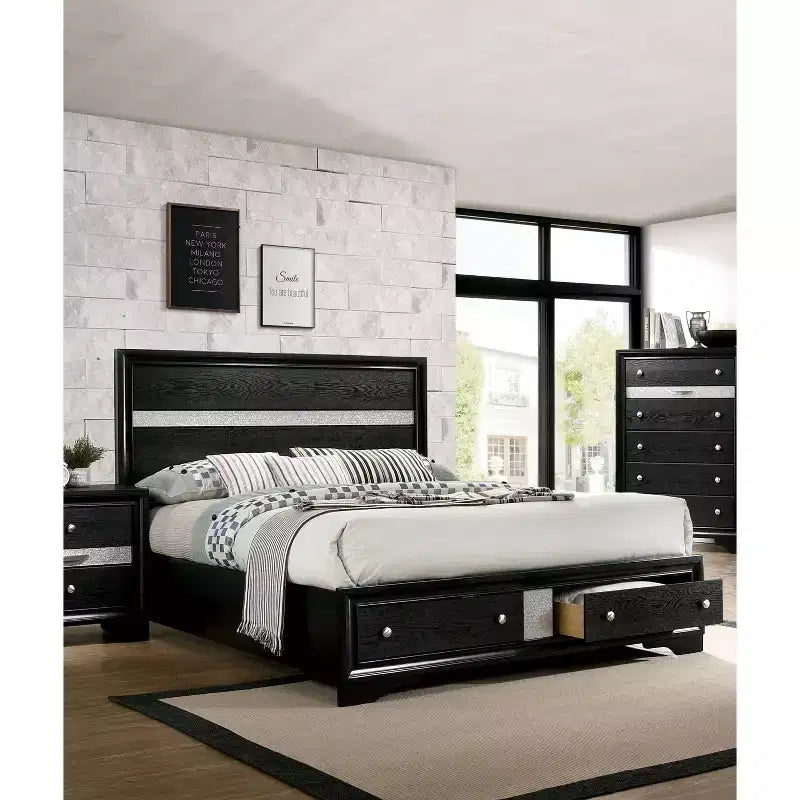 Ensemble de chambre de luxe moderne miBasics, lit double 2 pièces avec table de chevet noire, tiroir intégré, quincaillerie anti-basculement