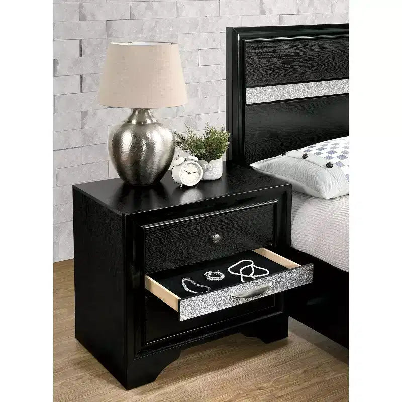 Ensemble de chambre de luxe moderne miBasics, lit double 2 pièces avec table de chevet noire, tiroir intégré, quincaillerie anti-basculement