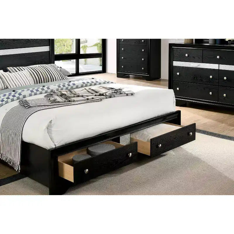 Ensemble de chambre de luxe moderne miBasics, lit double 2 pièces avec table de chevet noire, tiroir intégré, quincaillerie anti-basculement