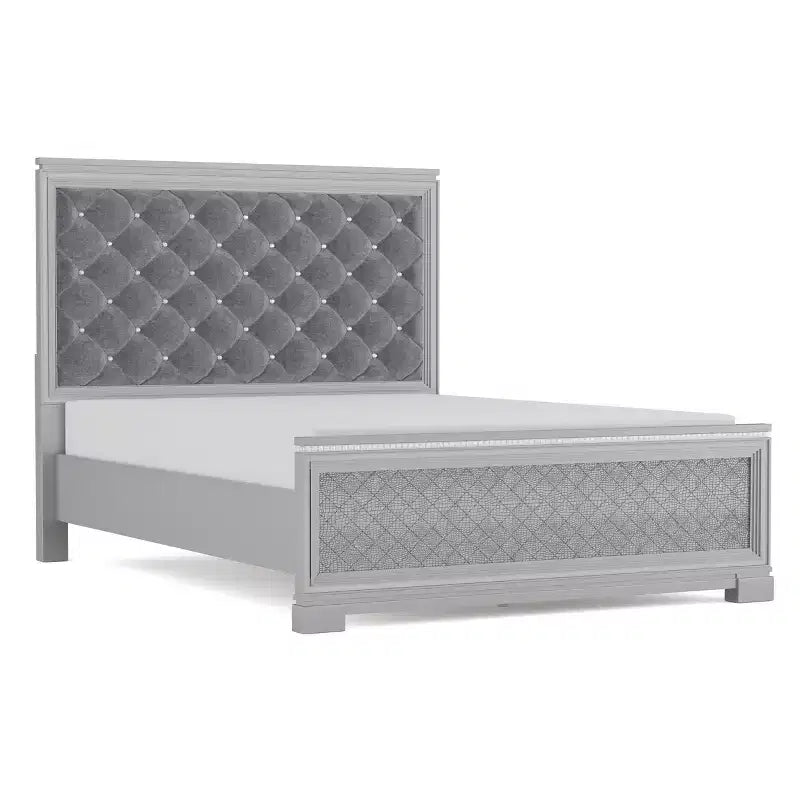 Ensemble de chambre Tenaya 6 pièces pour très grand lit californien, argent/gris - HOMES: Inside + Out : Design glamour, garnitures miroir, capitonnage à boutons