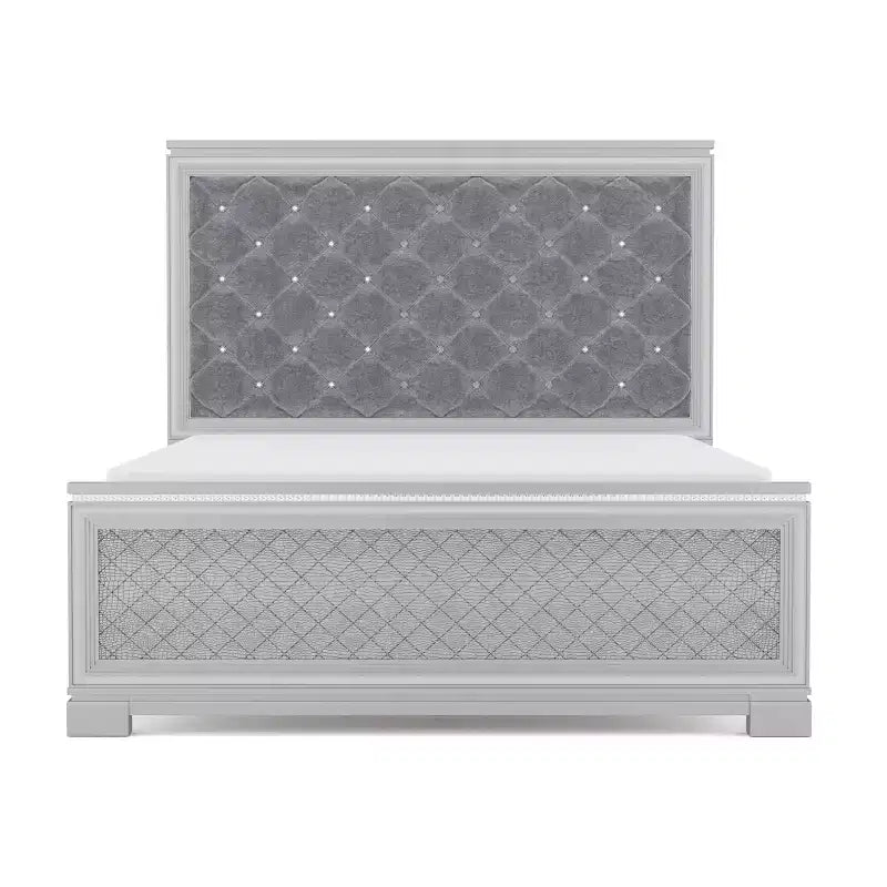 Ensemble de chambre Tenaya 6 pièces pour très grand lit californien, argent/gris - HOMES: Inside + Out : Design glamour, garnitures miroir, capitonnage à boutons