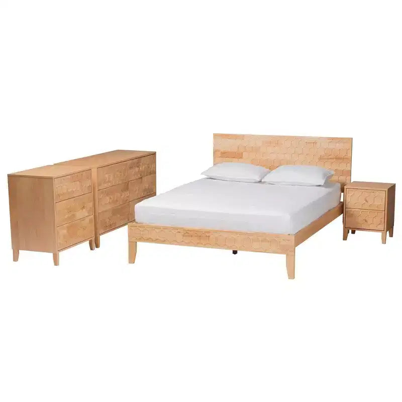 Baxton Studio Queen 4pc Hosea Carved Honeycomb Bedroom Set Natural