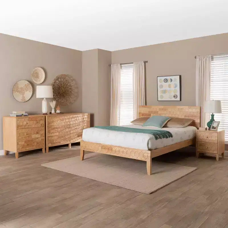 Baxton Studio Lit Queen 4 pièces Hosea motif alvéolé en bois sculpté naturel