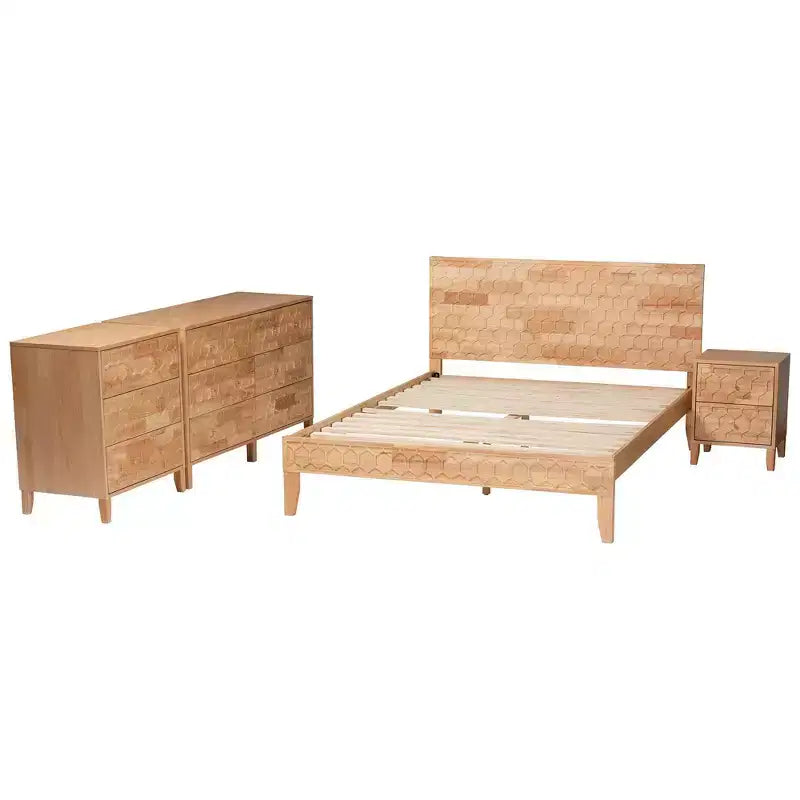 Baxton Studio Lit Queen 4 pièces Hosea motif alvéolé en bois sculpté naturel
