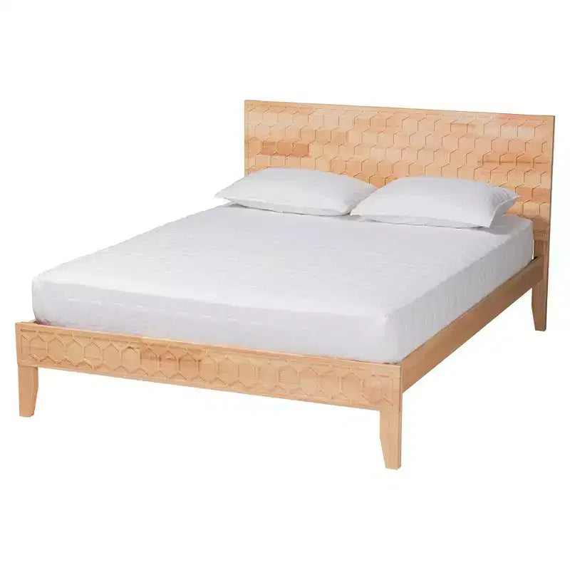 Baxton Studio Lit Queen 4 pièces Hosea motif alvéolé en bois sculpté naturel