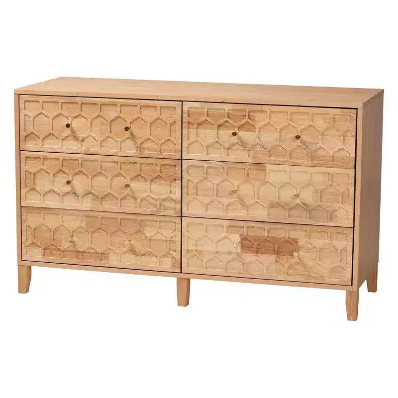 Baxton Studio Lit Queen 4 pièces Hosea motif alvéolé en bois sculpté naturel