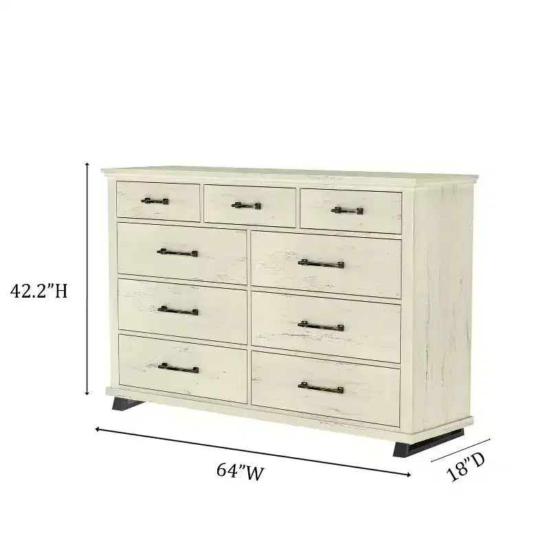 Commode Festivo contemporaine à 9 tiroirs et table de chevet à 3 tiroirs, coupe sciée blanc cassé : MDF, pieds en métal, anti-basculement