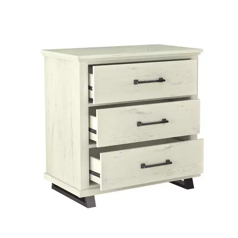 Commode Festivo contemporaine à 9 tiroirs et table de chevet à 3 tiroirs, coupe sciée blanc cassé : MDF, pieds en métal, anti-basculement