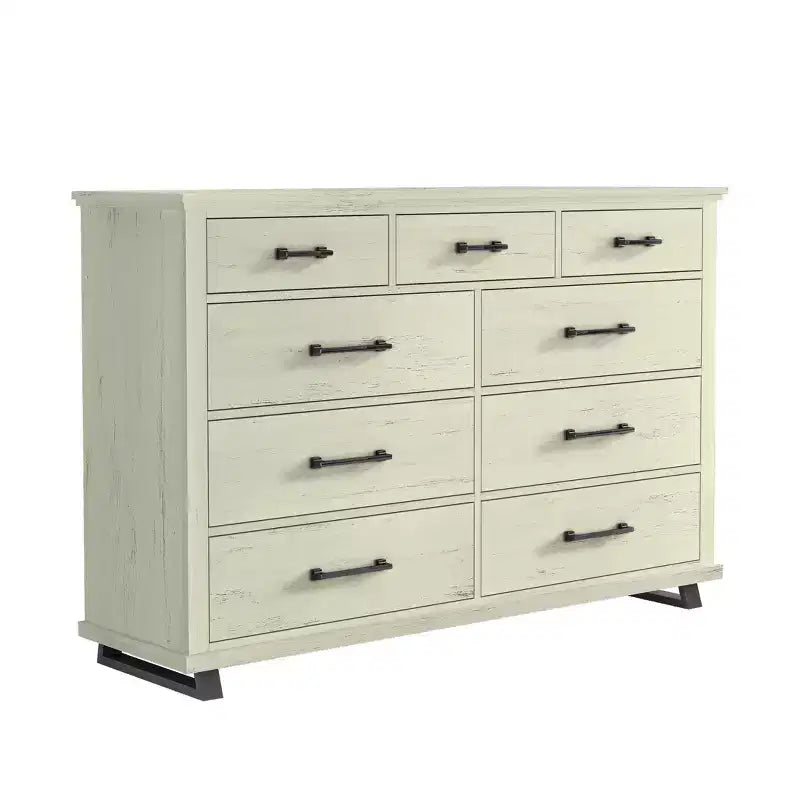 Commode Festivo contemporaine à 9 tiroirs et table de chevet à 3 tiroirs, coupe sciée blanc cassé : MDF, pieds en métal, anti-basculement